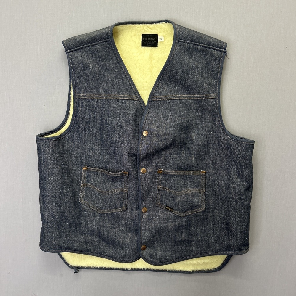 Vintage Sears Roebucks Sherpa Lined Denim Vest XL Tall 46-48 Workwear USA Blue
